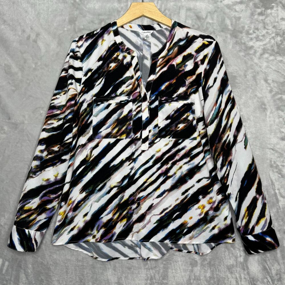Calvin Klein Top Womens Large Black White Abstract Print V Neck Long Sleeve Work